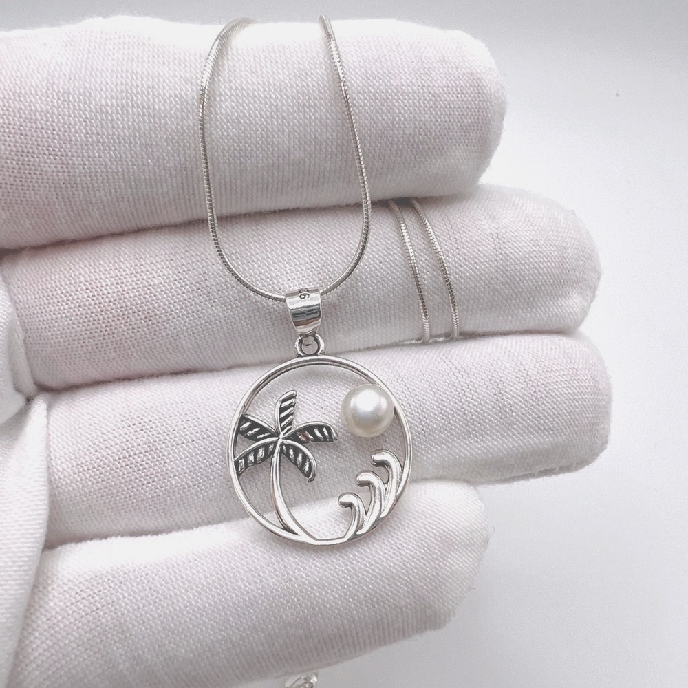 .925 Sterling Silver Palm Tree and Wave Necklace with Freshwater Pearl